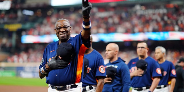 Manager Dusty Baker #12 of the Houston Astros looks on during the national anthem prior to Game 6 of the 2022 World Series between the Philadelphia Phillies and the Houston Astros at Minute Maid Park on Saturday, November 5, 2022 in Houston, Texas. 