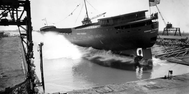 The 1958 launch of the USS Edmund Fitzgerald, whose crew, among others, is commemorated annually by the Detroit Sailors' Church.