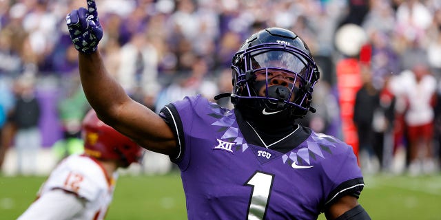 TCU Horned Frogs cornerback Tre'Vius Hodges-Tomlinson #1 reacts after sacking Iowa State Cyclones quarterback Hunter Dekkers #12 during the first half at Amon G. Carter Stadium on November 26, 2022 in Fort Worth , Texas. 