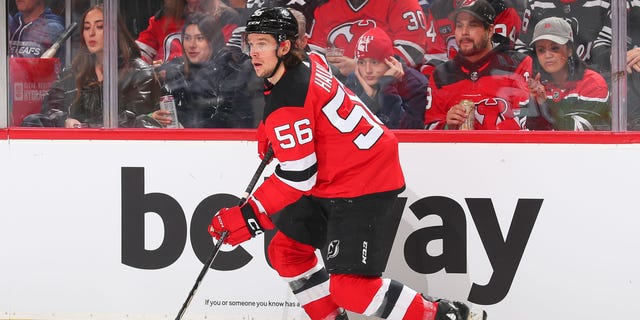 Erik Haula #56 of the New Jersey Devils skates during the first period of the game against the Toronto Maple Leafs on November 23, 2022 at the Prudential Center in Newark, New Jersey. 