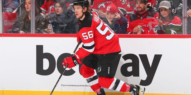 Erik Haula #56 of the New Jersey Devils skates during the first period of the game against the Toronto Maple Leafs on November 23, 2022 at the Prudential Center in Newark, New Jersey. 