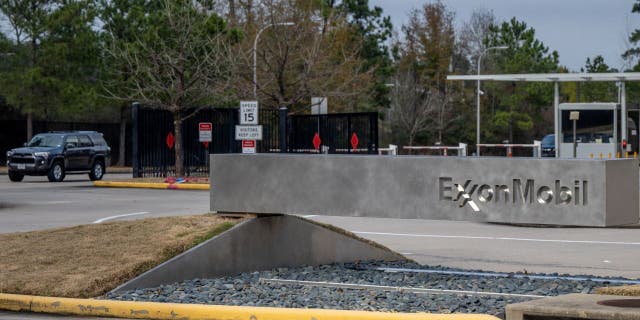 An entrance to the ExxonMobil Spring campus is seen on February 01, 2022, in Houston, Texas.