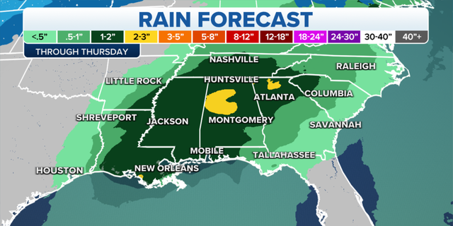 Expected rainfall totals for the Southeast this week.
