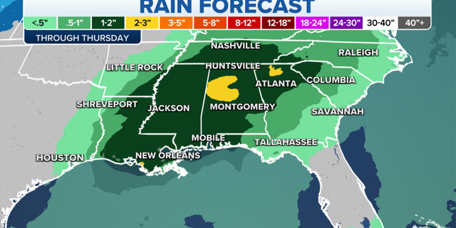 Expected rainfall totals for the Southeast this week.