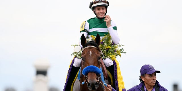Flightline, with Flavien Prat aboard, wins the G1 Breeders' Cup Classic for trainer John Sadler at Keeneland Race Course on November 5, 2022, in Lexington, Kentucky.