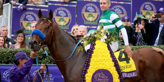 Flightline, with Flavien Prat aboard, wins the G1 Breeders' Cup Classic for trainer John Sadler at Keeneland Race Course on November 5, 2022, in Lexington, Kentucky.