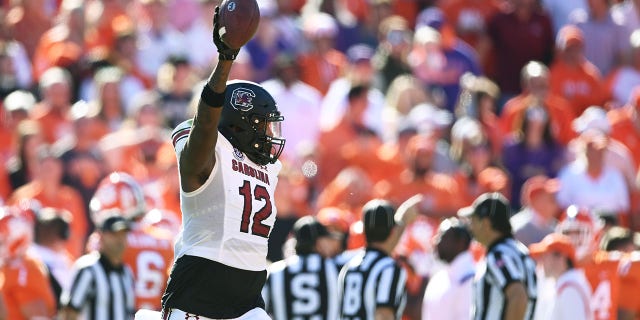 Anthony Rose, #12 of the South Carolina Gamecocks, celebrates recovering a Clemson Tigers second-quarter fumble at Memorial Stadium on November 26, 2022, in Clemson, South Carolina.