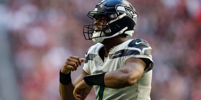 Geno Smith, #7 of the Seattle Seahawks, reacts during an NFL Football game between the Arizona Cardinals and the Seattle Seahawks at State Farm Stadium on Nov. 6, 2022 in Glendale, Arizona.