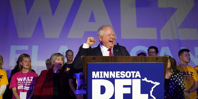 Minnesota Gov. Tim Walz speaks to the crowd at the DFL election-night party after winning re-election against Republican challenger Scott Jensen, Tuesday, Nov. 8, 2022, in St. Paul, Minn.