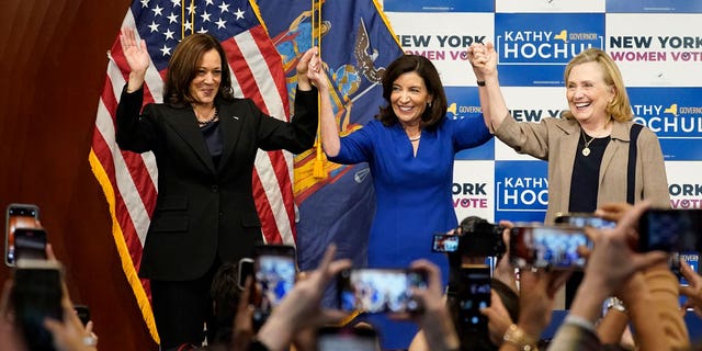 Vice President Kamala Harris and former Secretary of State Hillary Clinton appeared at a campaign event for Democrat New York Gov. Kathy Hochul on Thursday