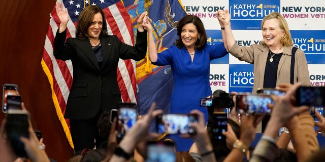 Vice President Kamala Harris and former Secretary of State Hillary Clinton appeared at a campaign event for Democrat New York Gov. Kathy Hochul on Thursday