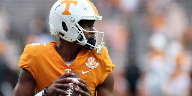 Hendon Hooker of the Tennessee Volunteers is shown before the game against the Missouri Tigers at Neyland Stadium on Nov. 12, 2022, in Knoxville, Tennessee.