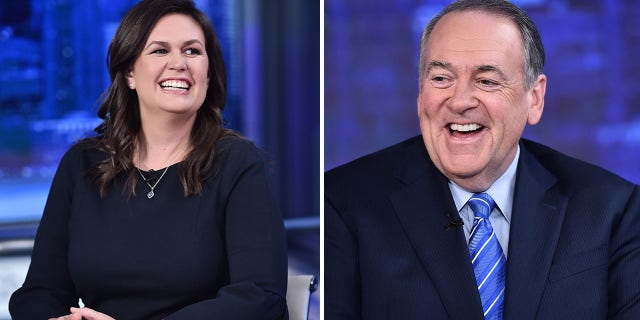 Arkansas Gov. Sarah Huckabee Sanders and her father, former Arkansas Gov. Mike Huckabee