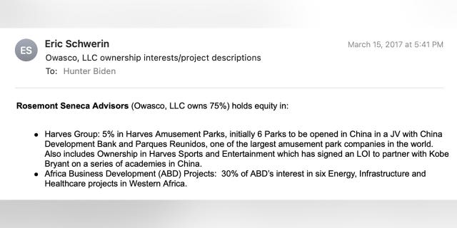 In March 2017, Eric Schwerin sent Hunter Biden some of his ownership interests and project descriptions, which included "30% of ABD’s interest in six energy, infrastructure and healthcare projects in Western Africa."