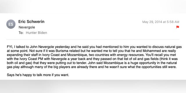 Eric Schwerin told Hunter Biden in a 2014 email that their business partner, John Nevergole, had mentioned that Hunter "wanted to discuss natural gas at some point."