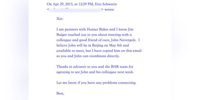 In April 2015, Eric Schwerin introduced John Nevergole to  BHR Managing Director Xin Wang, saying that "I am partners with Hunter Biden and I know Jim Bulger reached out to you about meeting with a colleague and good friend of ours, John Nevergole." 