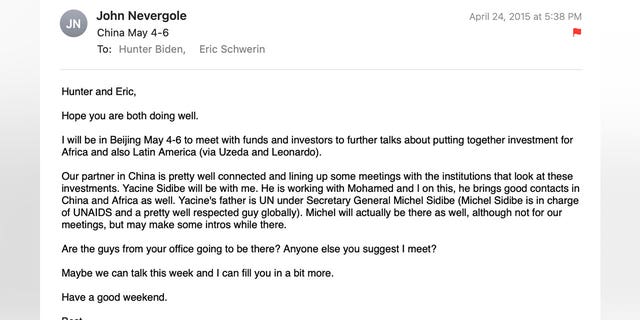 In April 2015, John Nevergole asked Hunter Biden and Eric Schwerin whether they had any suggestions for people to reach out to in China for his upcoming visit to Beijing.