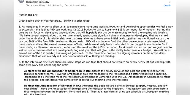 In a November 2015 email to Hunter Biden and Eric Schwerin, John Nevergole presented terms for ABD’s "ongoing relationship" with Rosemont, as well as future steps to meet with the presidents of Cameroon and Senegal, which he said would help with "advancing the deals."