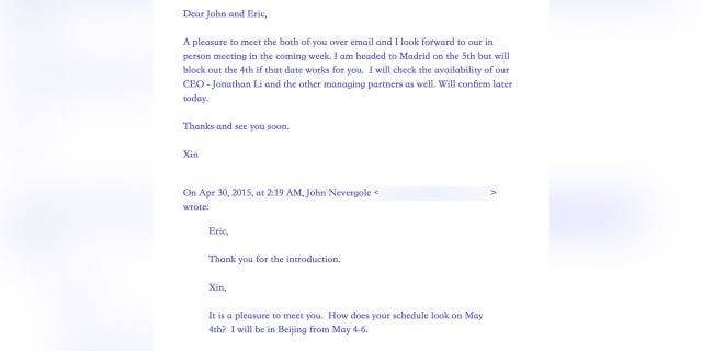 Xin Wang thanked Eric Schwerin for the introduction to John Nevergole and said it was a "pleasure to meet the both of you over email and I look forward to our in person meeting in the coming week."