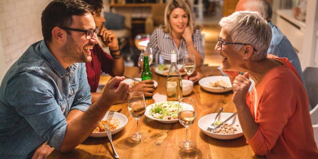 Friends and family discuss various topics when gathering for Thanksgiving or similar formal dinners.