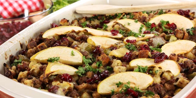 Fruits, vegetables and herbs are commonly adding to stuffing. Here's a holiday stuffing made with dried cranberries and granny smith apples.