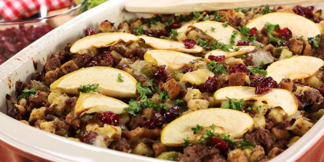 Fruits, vegetables and herbs are commonly adding to stuffing. Here's a holiday stuffing made with dried cranberries and granny smith apples.