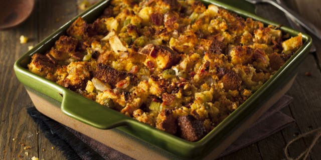 Cornbread stuffing is a popular Thanksgiving side dish in certain parts of the U.S. Here's a traditional homemade cornbread stuffing served for the holidays.