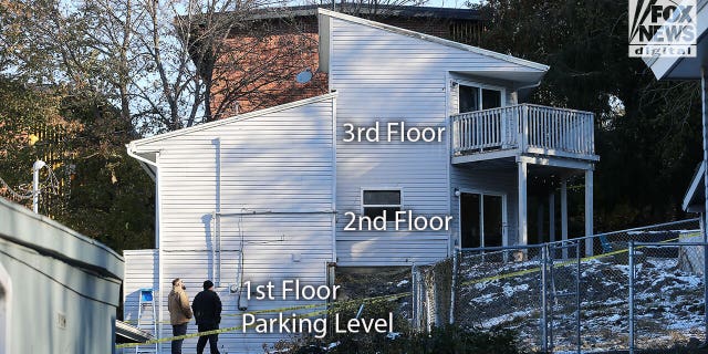 The home where four University of Idaho students were murdered Nov. 13, with its three floors labeled. 