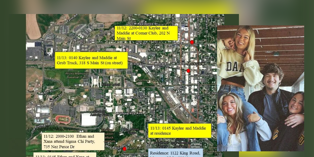 An aerial map released by the Moscow Police Department shows the final movements of Ethan Chapin, Madison Mogen, Xana Kernodle and Kaylee Goncalves before they were slaughtered in their home on Nov. 13.