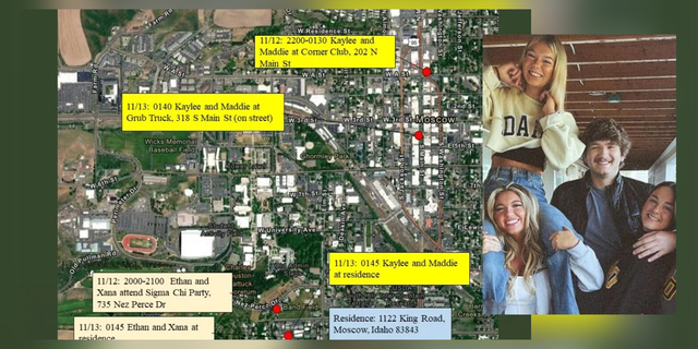 An aerial map released by the Moscow City Police Department shows the final movements of Ethan Chapin, Madison Mogen, Xana Kernodle, and Kaylee Goncalves before they were brutally slaughtered in their home Nov. 13.  Inset, a photo of the victims.