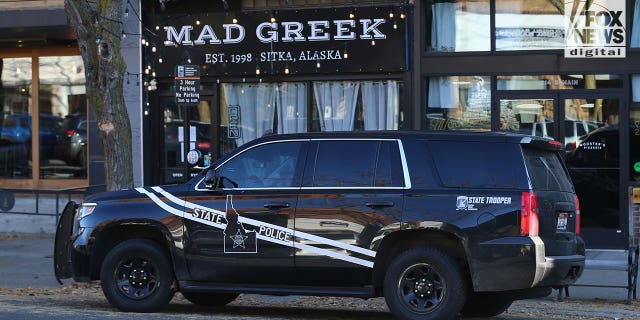 Idaho State Patrol is seen outside the Mad Greek restaurant in Moscow, Idaho, Thursday, November 17, 2022. The eatery is set to reopen today after being closed this week following the murder of two of its servers, Madison Mogen, and Xana Kernodle at the weekend.