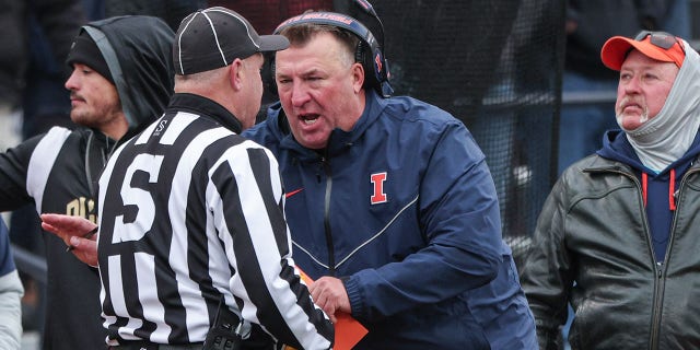 Head coach Bret Bielema of the Illinois Fighting Illini protests a call during a game against the Purdue Boilermakers at Memorial Stadium Nov. 12, 2022, in Champaign, Ill. 