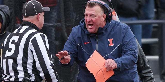 Head coach Bret Bielema of the Illinois Fighting Illini protests a call during a game against the Purdue Boilermakers at Memorial Stadium Nov. 12, 2022, in Champaign, Ill.