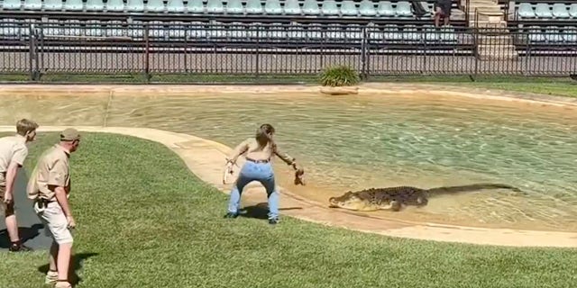 Terri Irwin worked to get the crocodile into the arena and then out of the water during the event.
