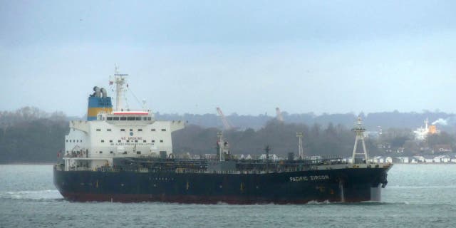 The oil tanker, Pacific Zircon, is seen at sea near the Isle of Wight, England.