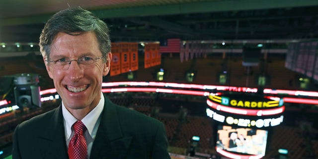 NESN Bruins broadcaster Jake Edwards is pictured in the booth above the TD Garden ice.  The Boston Bruins hosted the Edmonton Oilers in a regular season NHL game at TD Garden.