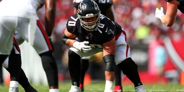 Jake Matthews of the Atlanta Falcons lines up against the Tampa Bay Buccaneers at Raymond James Stadium on Oct. 9, 2022, in Tampa, Florida.