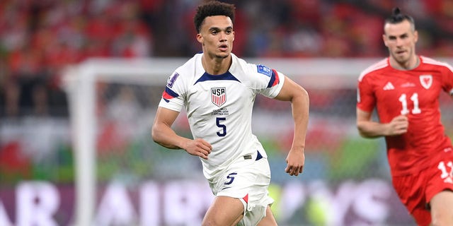 United States player Antonee Robinson in action during the FIFA World Cup Qatar 2022 Group B match between the United States and Wales at Ahmad Bin Ali Stadium on November 21, 2022 in Doha, Qatar. 