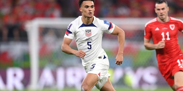 United States player Antonee Robinson in action during the FIFA World Cup Qatar 2022 Group B match between the United States and Wales at Ahmad Bin Ali Stadium on November 21, 2022 in Doha, Qatar. 