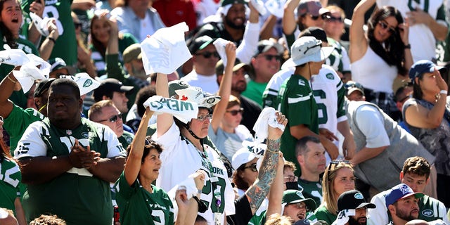 A general view of fans cheering from the stands at the game between the New England Patriots and the New York Jets at MetLife Stadium on September 19, 2021 in East Rutherford, New Jersey. 