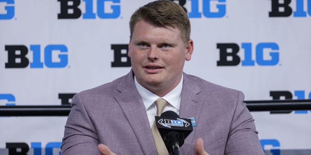 John Michael Schmitz of the Minnesota Golden Gophers speaks during the 2022 Big Ten Conference Football Media Days at Lucas Oil Stadium on July 26, 2022 in Indianapolis, Indiana.