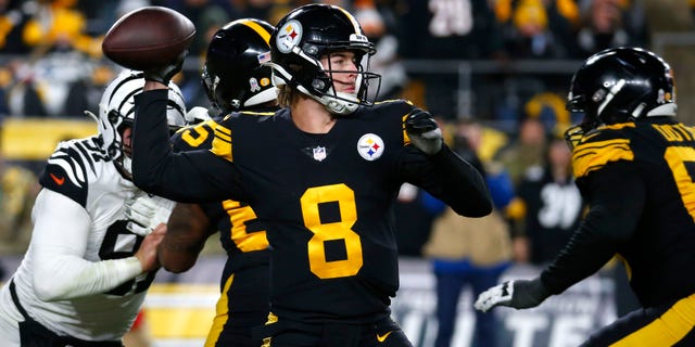 Kenny Pickett of the Pittsburgh Steelers attempts a pass during the third quarter against the Cincinnati Bengals at Acrisure Stadium on Nov. 20, 2022, in Pittsburgh.