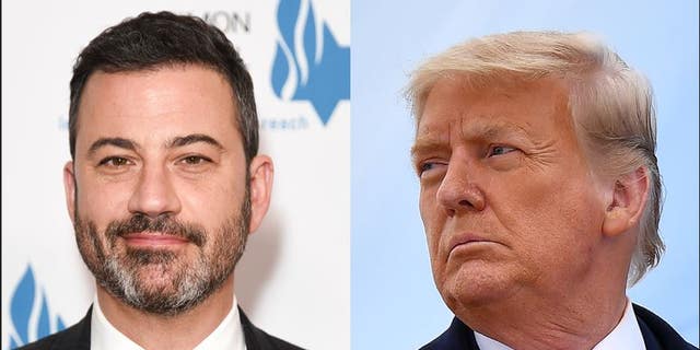 Late-night host Jimmy Kimmel, left, said he has lost "half of my fans — maybe more than that" because of his jokes about former President Trump, right. 