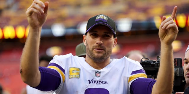 Kirk Cousins #8 of the Minnesota Vikings celebrates after the Vikings defeated the Washington Commanders 20-17 at FedExField on November 06, 2022 in Landover, Maryland.