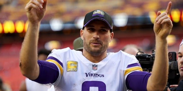 Kirk Cousins #8 of the Minnesota Vikings celebrates after the Vikings defeated the Washington Commanders 20-17 at FedExField on November 06, 2022 in Landover, Maryland.
