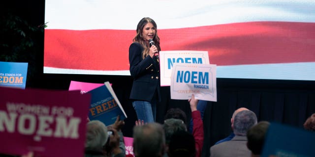 Republican South Dakota Gov. Kristi Noem speaks to supporters at a campaign rally in Sioux Falls, S.D., on Nov. 2, 2022.