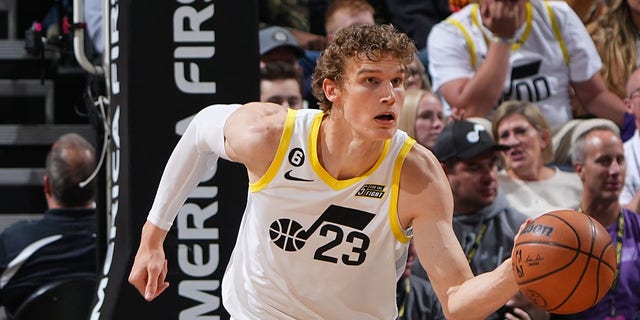 Lauri Markkanen of the Utah Jazz dribbles during the game against the Memphis Grizzlies on Oct. 29, 2022, in Salt Lake City.