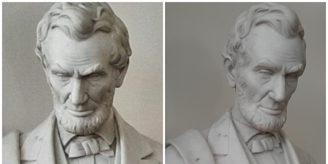 Vistas en primer plano del busto de Lincoln que ha regresado al campus de Cornell.