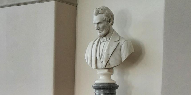 The bust of Lincoln in the Uris Library at Cornell University.