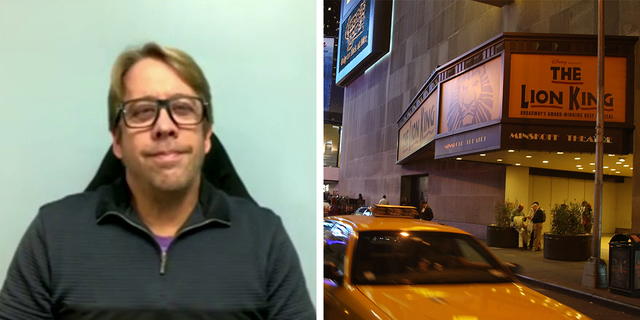 Sign language interpreter Keith Wann joins 'FOx and Friends' on Nov. 14, 2022. The Minskoff Theatre advertises "The Lion King" on West 44th street between Broadway and Eighth avenue.